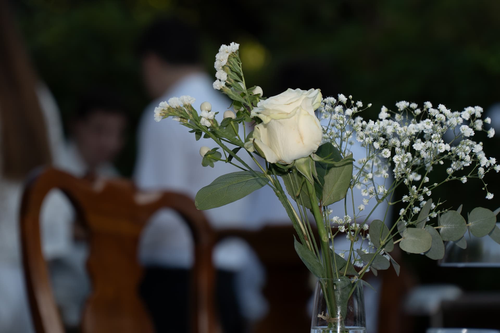 Single cream rose with statice, gypsophila and eucalyptus in evening garden light
