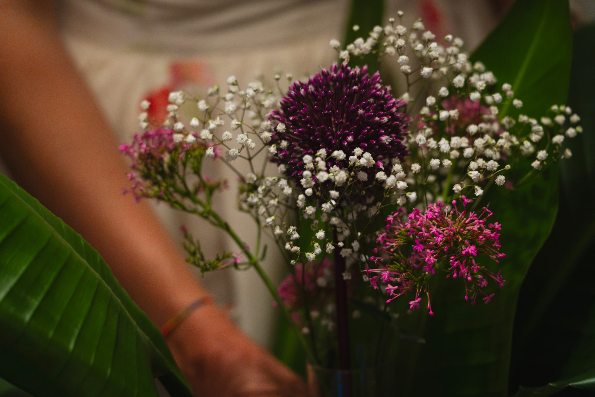 Close-up of a purple allium bloom with gypsophila, pink valerian and broad green leaves